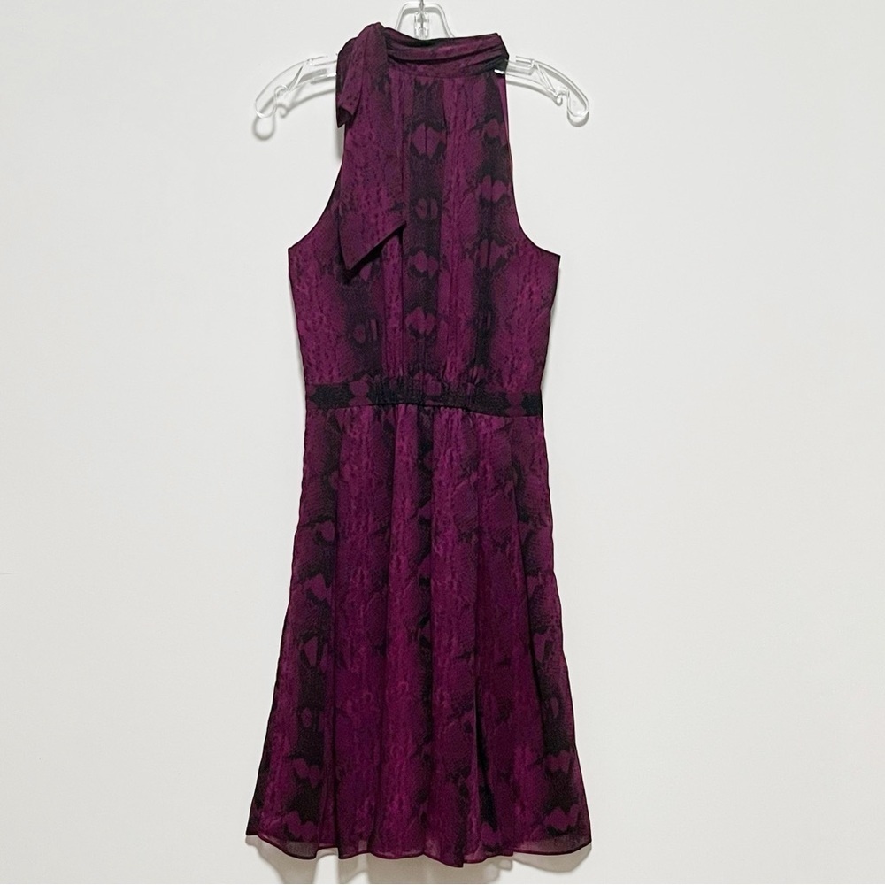 WHBM Fit & Flare Amethyst snake print Sleeveless halter Tie neck chiffon Dress - Picture 5 of 11